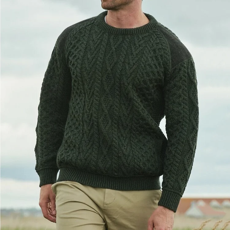 Utbros Men'S Retro Patchwork Jacquard Knitting Crew Neck Aran Sweater