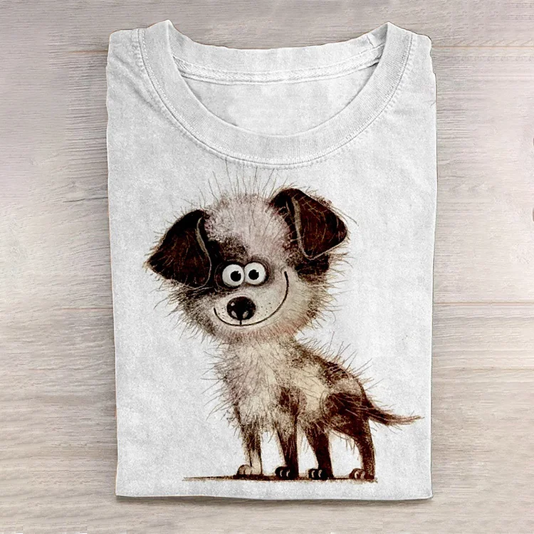 Comstylish Cute Dog Print Round Neck Long Sleeve Casual T-Shirt