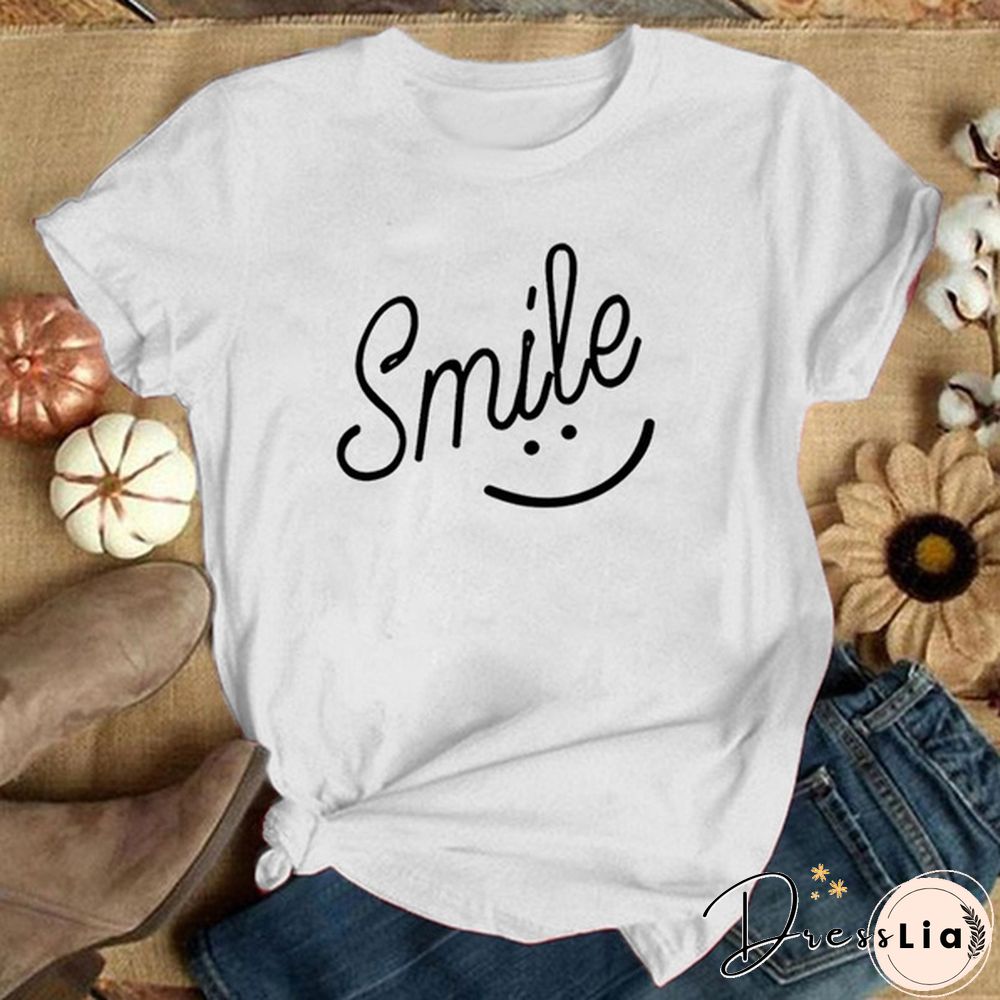 Smile Print Women T Shirt Short Sleeve O Neck Loose Women Tshirt Ladies Tee Shirt Tops