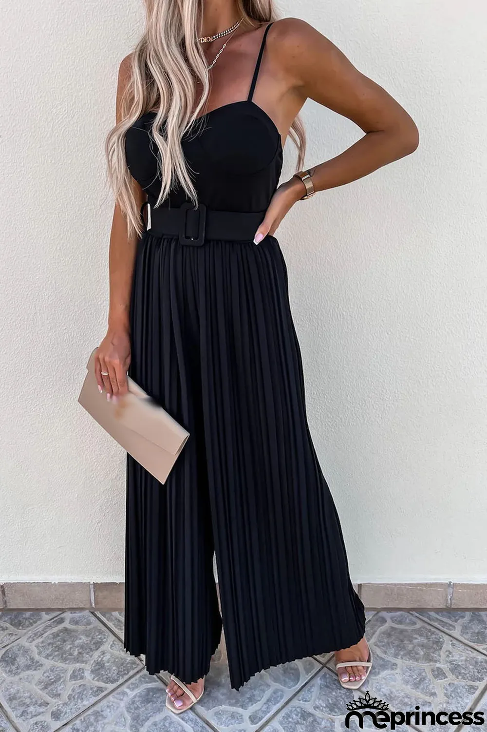 Street Solid Patchwork Spaghetti Strap Loose Jumpsuits