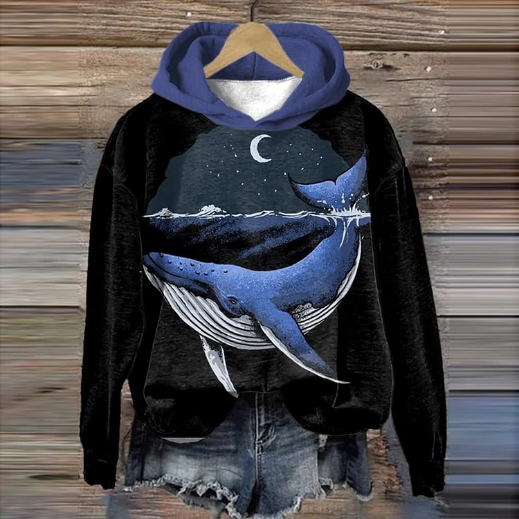 Wearshes Whale Art Contrast Color Cozy Washed Hoodie