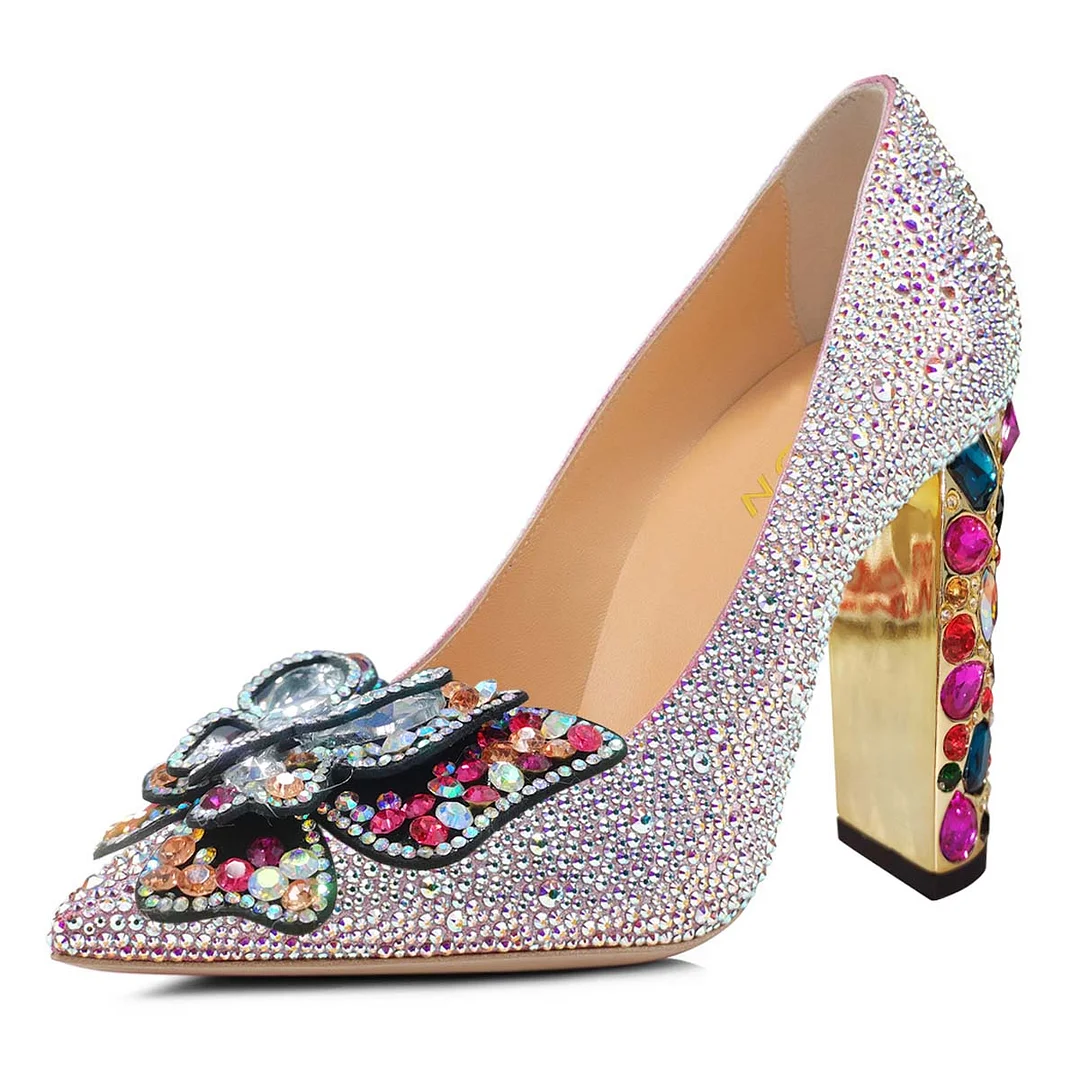Colorful Rhinestone Embellished Pointed Toe Butterfly Pumps Shoes
