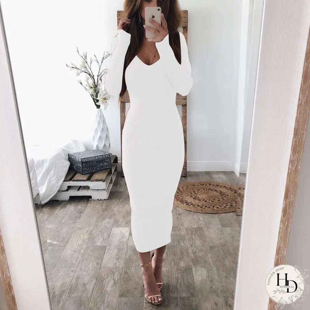 Knitted Sweater Dress Women Long Sleeve Sexy Midi Bodycon Dress Black White Red Long Stretchy Knitted Winter Dress