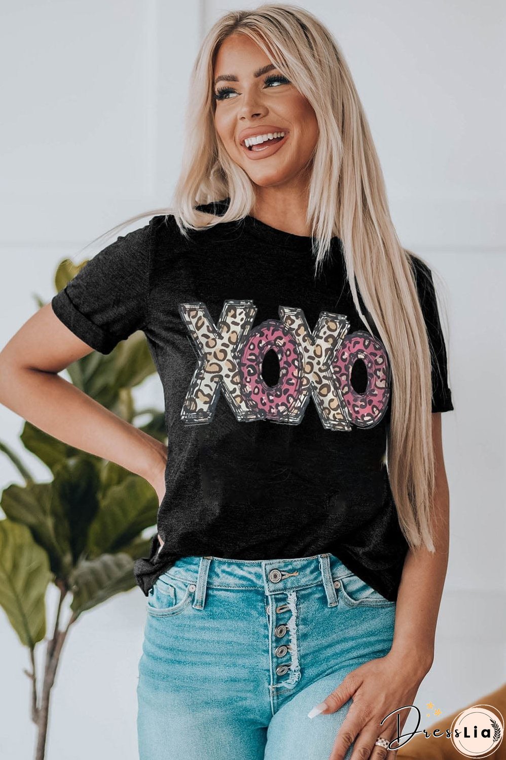 Black and Leopard Print XOXO T-Shirt, Casual Wear