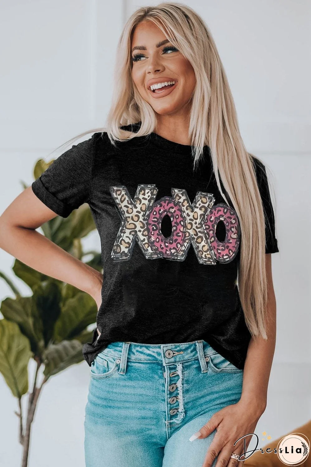 Black and Leopard Print XOXO T-Shirt, Casual Wear