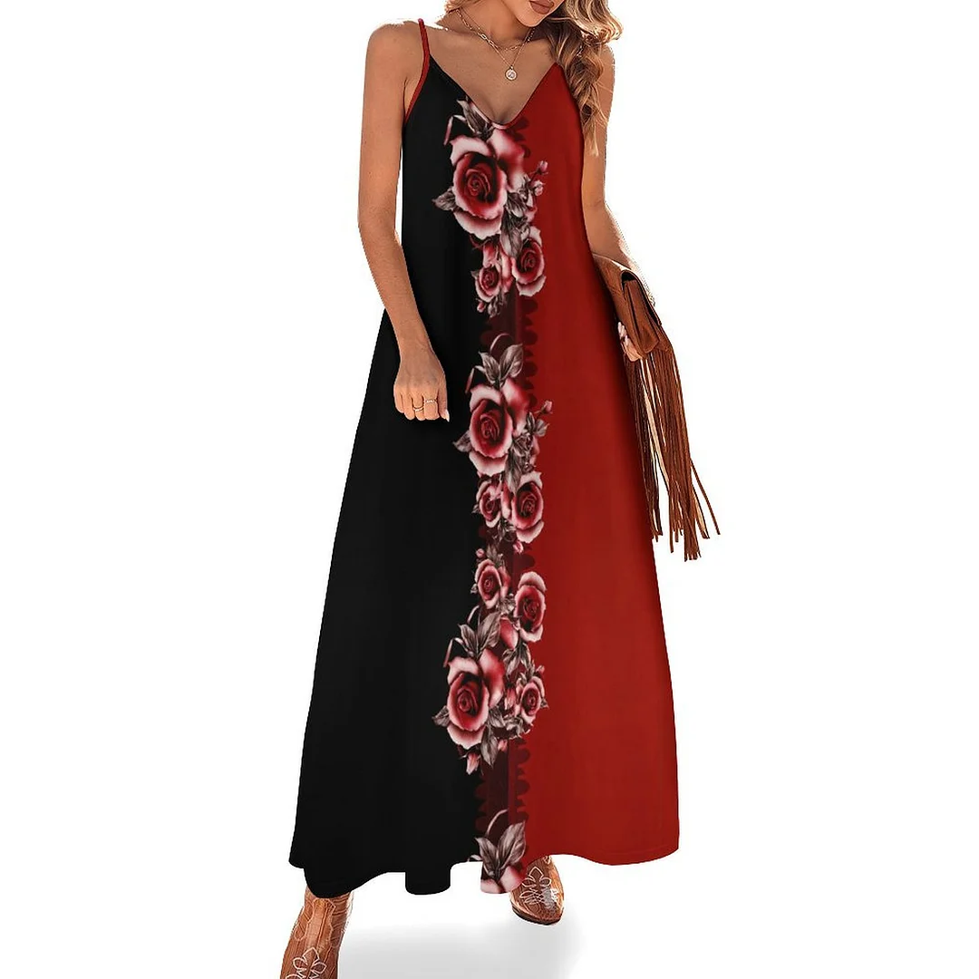 Style & Comfort for Mature Women Plus Size Printed Sling Casual Women Maxi Dress in Pattern Floral, Black, Red