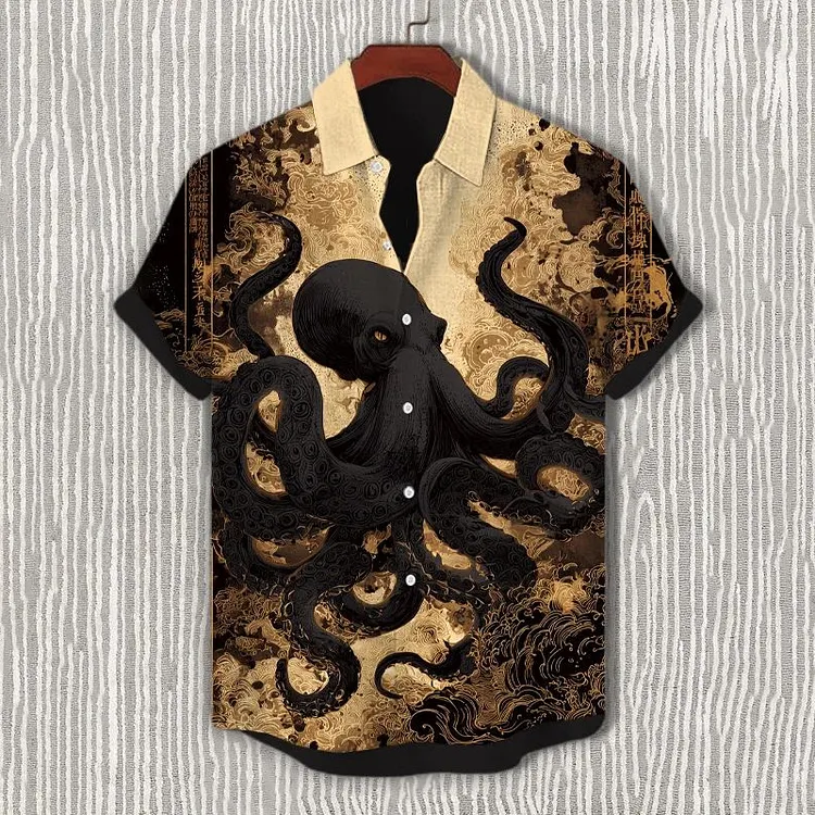 Men's Cthulhu Octopus Japanese Art Print Short Sleeve Shirt