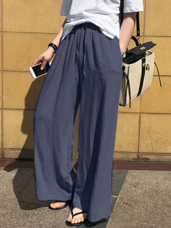 Drawstring Elasticity Pleated Pockets Solid Color High Waisted Loose Trousers Pants