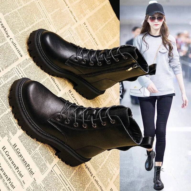 Qengg Boots Women's Shoes Women's Shoes Fashion Round Leather Ankle Boots 2021 Winter Stretch Black Boots Comfortable Boots