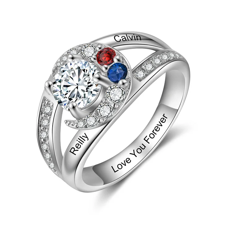 Personalized Moon Star Ring With 2 Birthstones Custom Names Best Gift For Women