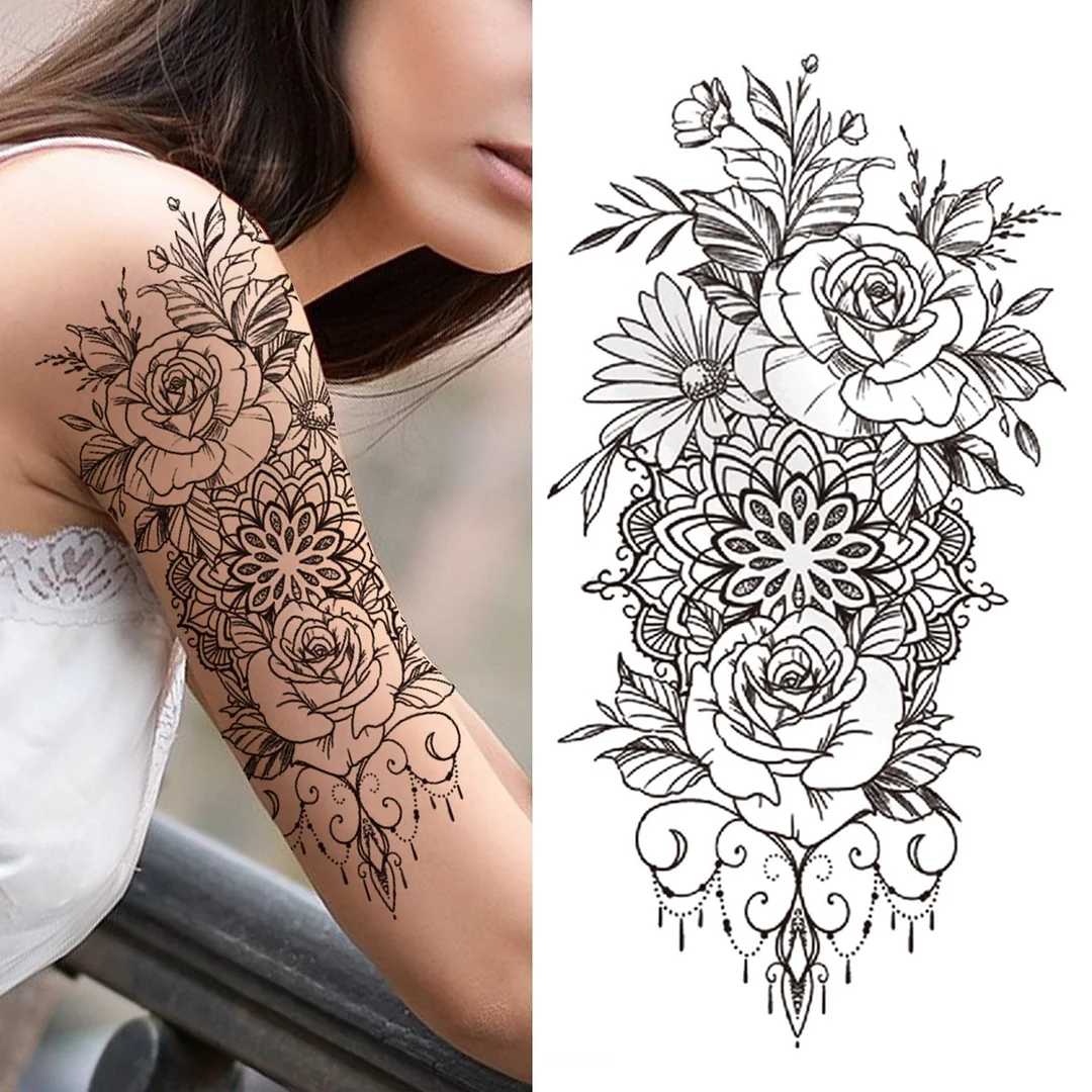 Death Skull Flower Temporary Tattoo For Women Girls Snake Bird Peony Tattoo Sticker Black Fake Blossom Sexy Tatoo Transfer Adult 1108