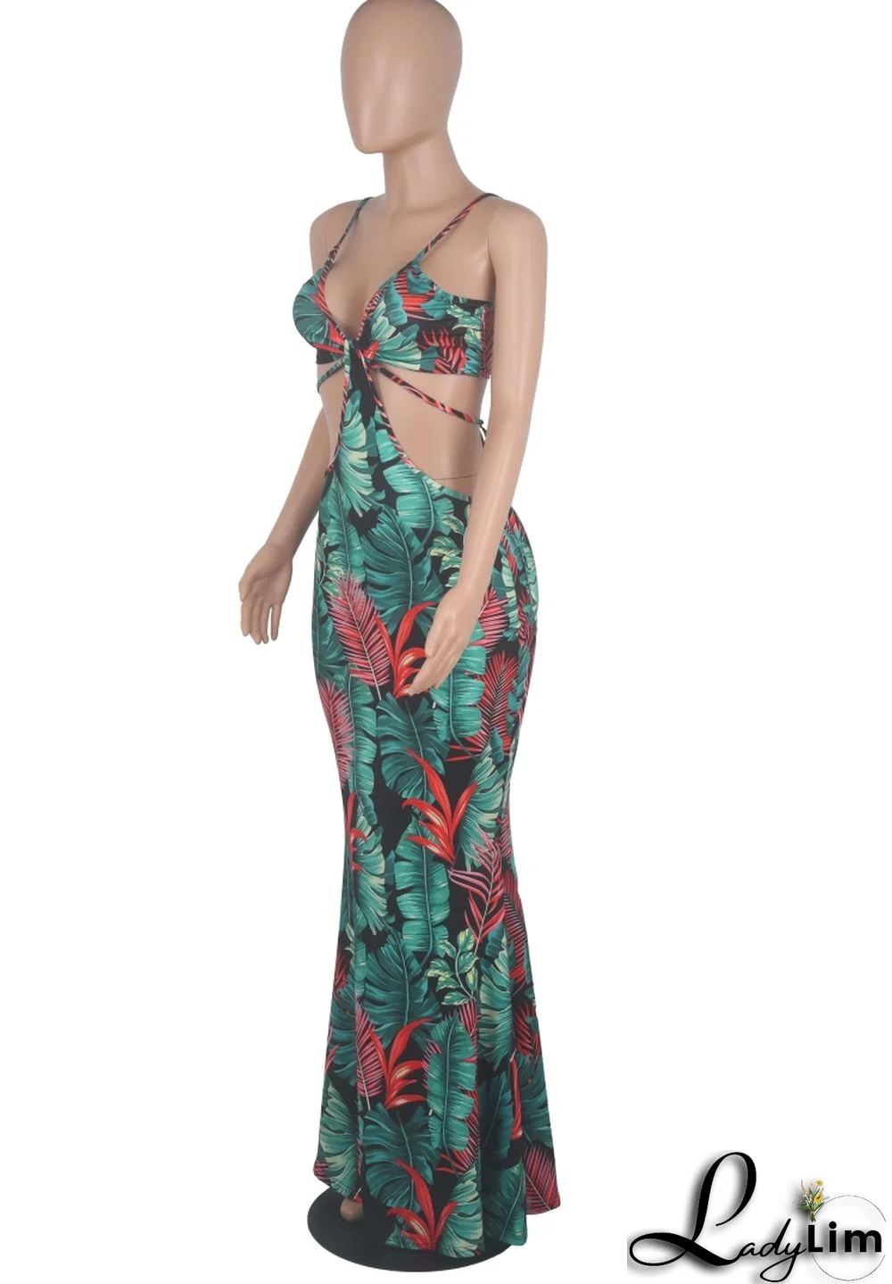 Summer Sexy Floral Green Hollow Out Halter Strap Mermaid Long Dress
