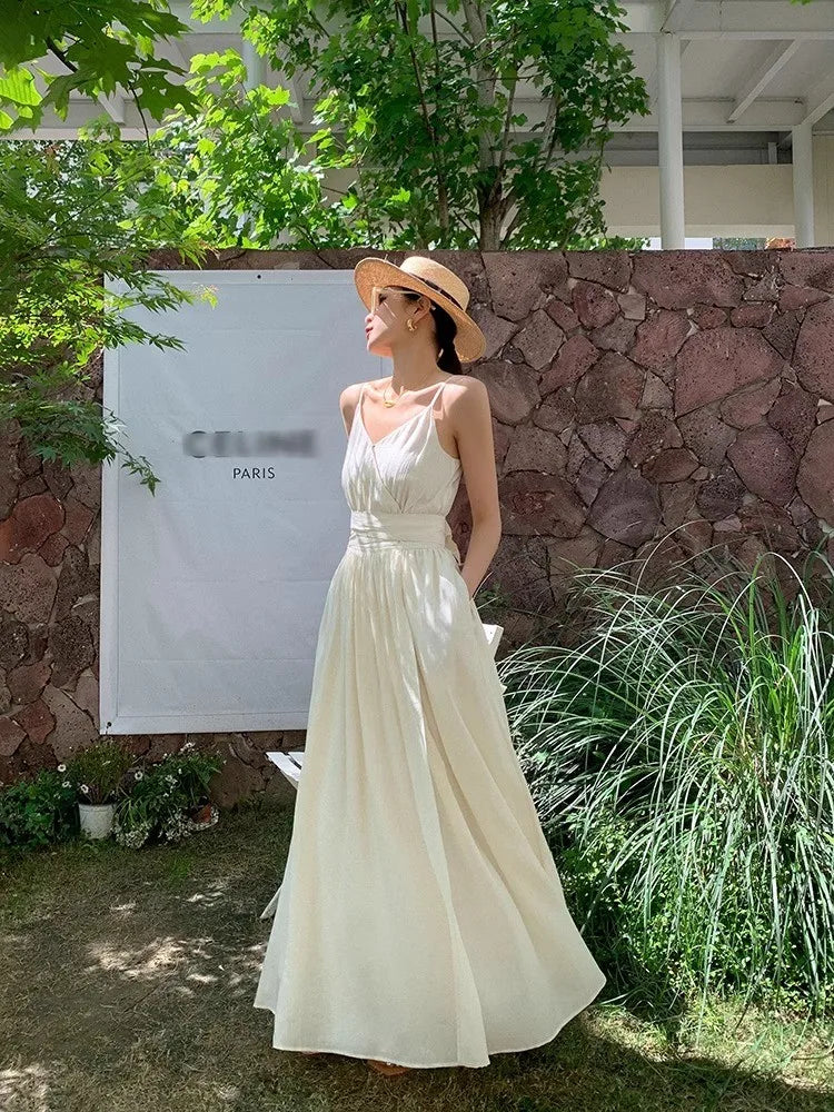 Aiertu Off White Suspender Dress For Women'S Summer 2024 New Design Sense V-Neck Sleeveless Waist Slimming Holiday Long Dress Aiertu
