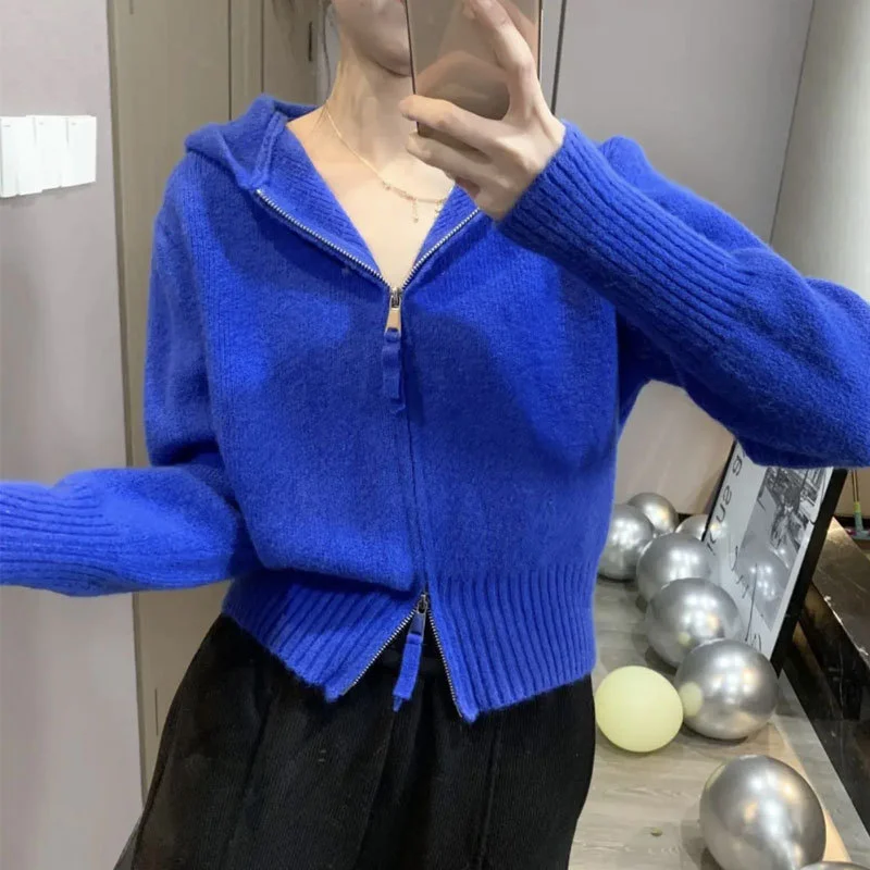 Uveng Uveng Zipper Sweater Jacket Cardigan 2024 Spring And Autumn Wear A Small Design Of Small Short Hooded Knitted Shirt