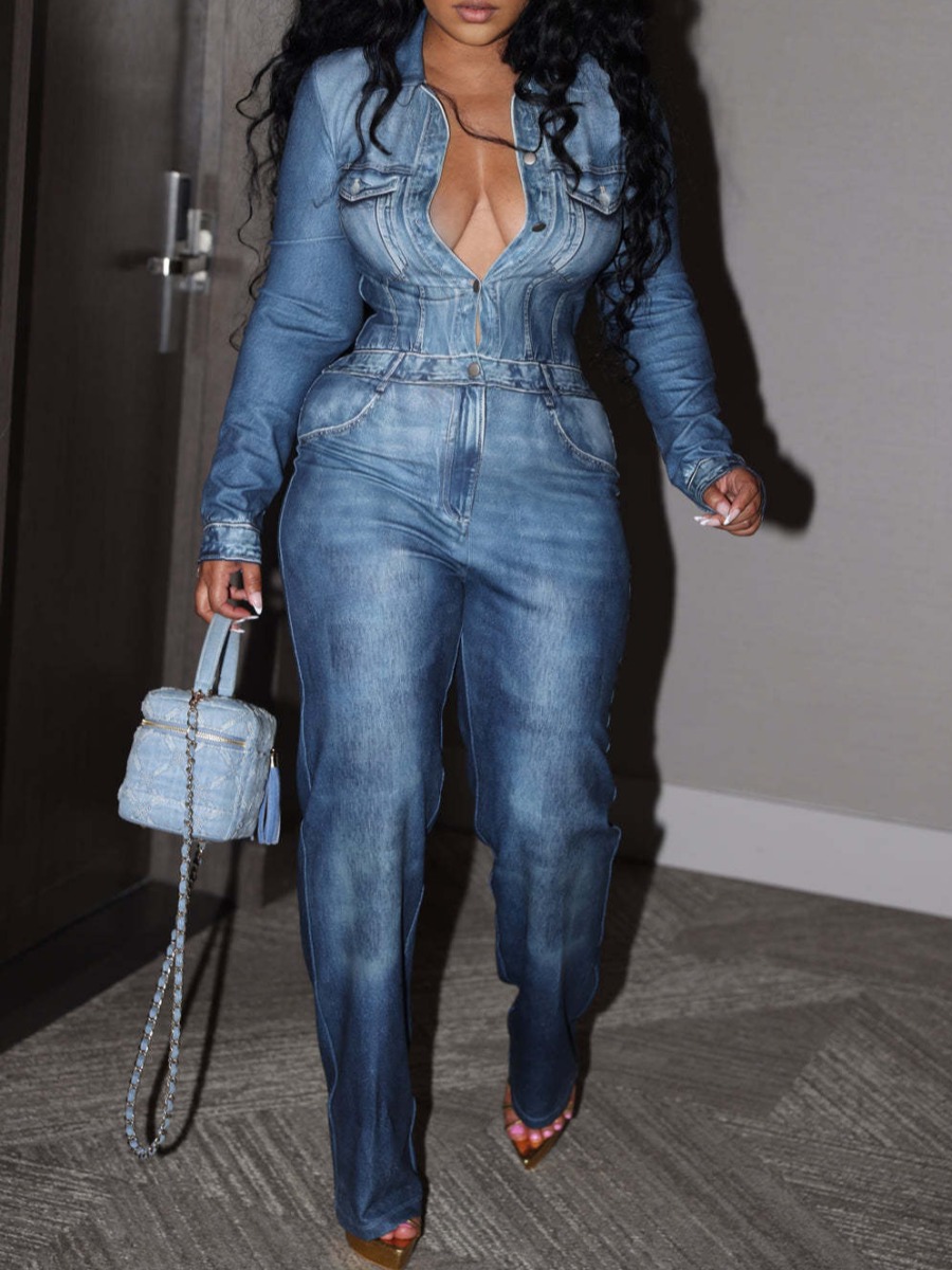 Autumn Winter Women Imitation Denim Pocket Button Design Jumpsuit Vintage Jumpsuits