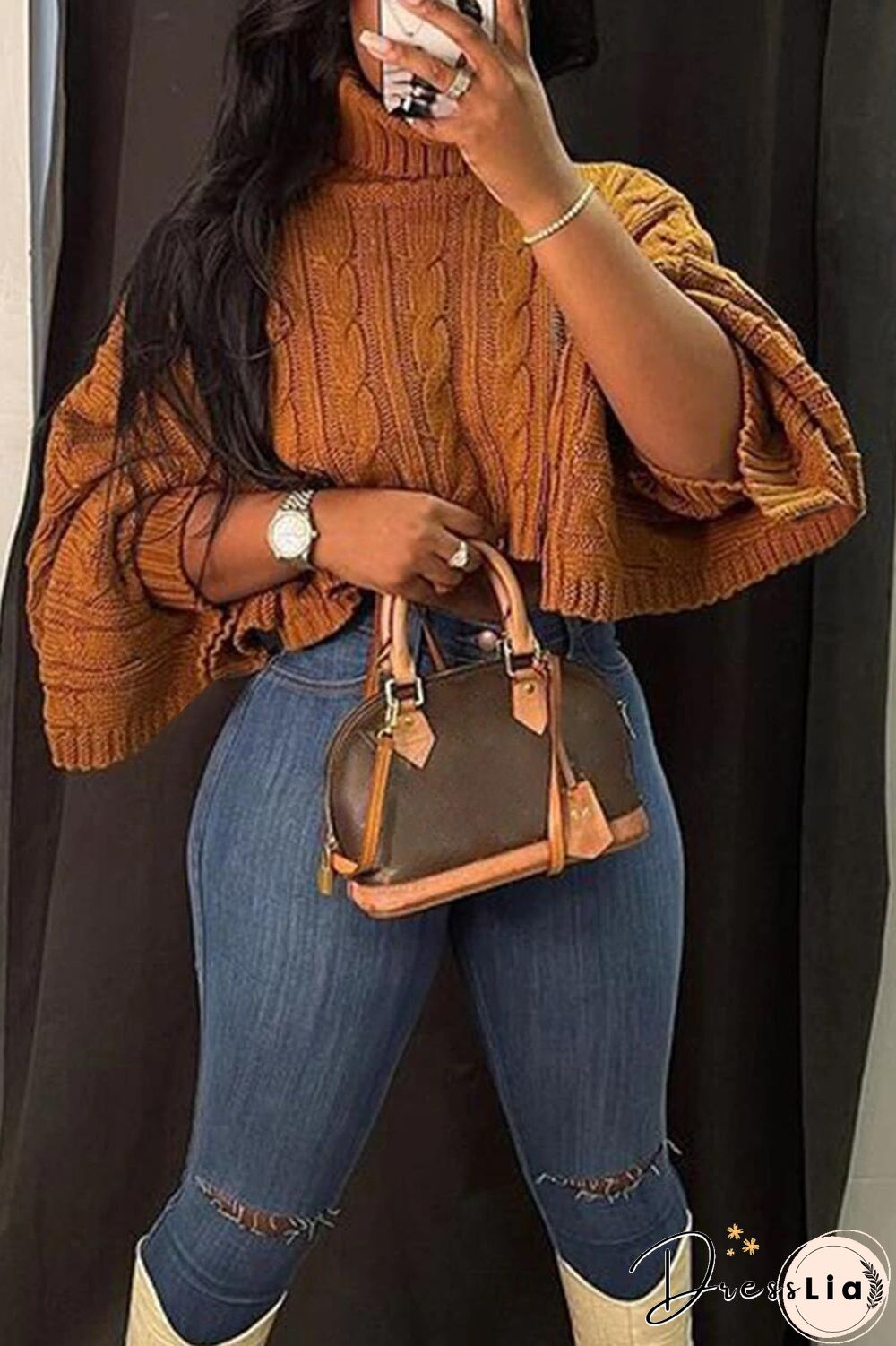 Solid Color Turtleneck Bat Sleeve Sweater Crop Top