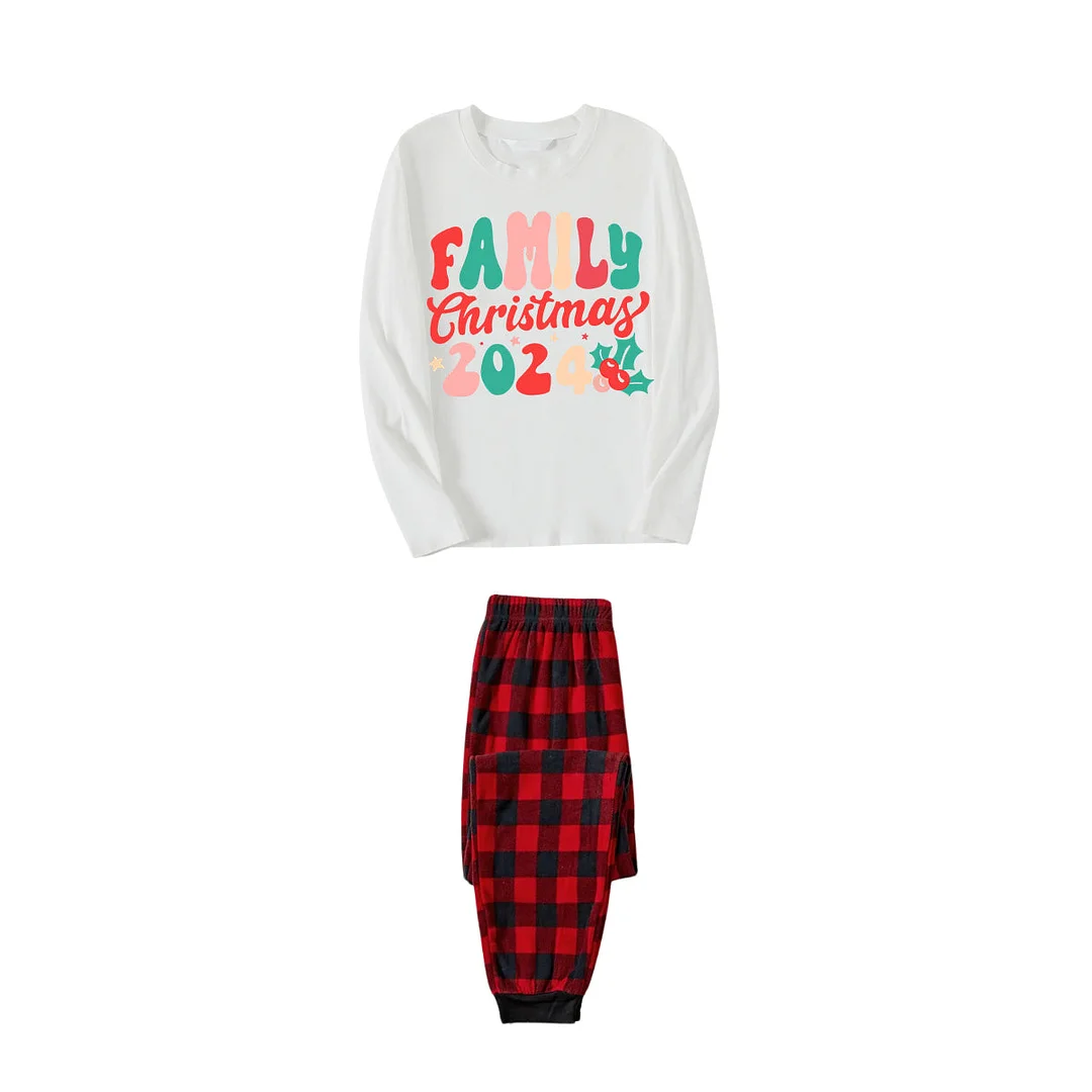 "Family Christmas 2024" Colorful Letter Pattern White Long Sleeve with Black&Red Plaid Pants Family Matching Pajamas