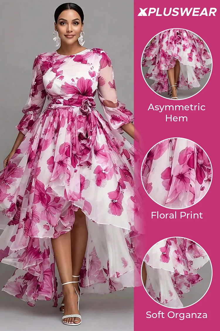 elegant floral round neckline midi x-line dress Xpluswear Design Plus Size Wedding Guest Purple Floral Round Neck 3/4 Sleeve Asymmetric Hem Irregular Hem See Through Organza Midi Dresses Purple-2XL/