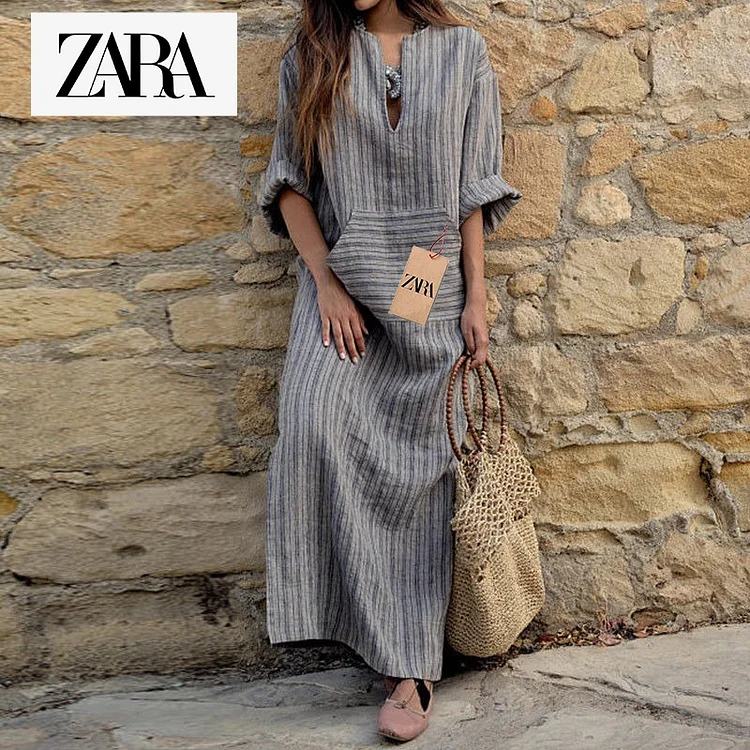 2025@ZARA nowa luźna długa sukienka w paski wykonana z przędzy bawełnianej i lnianej barwionej