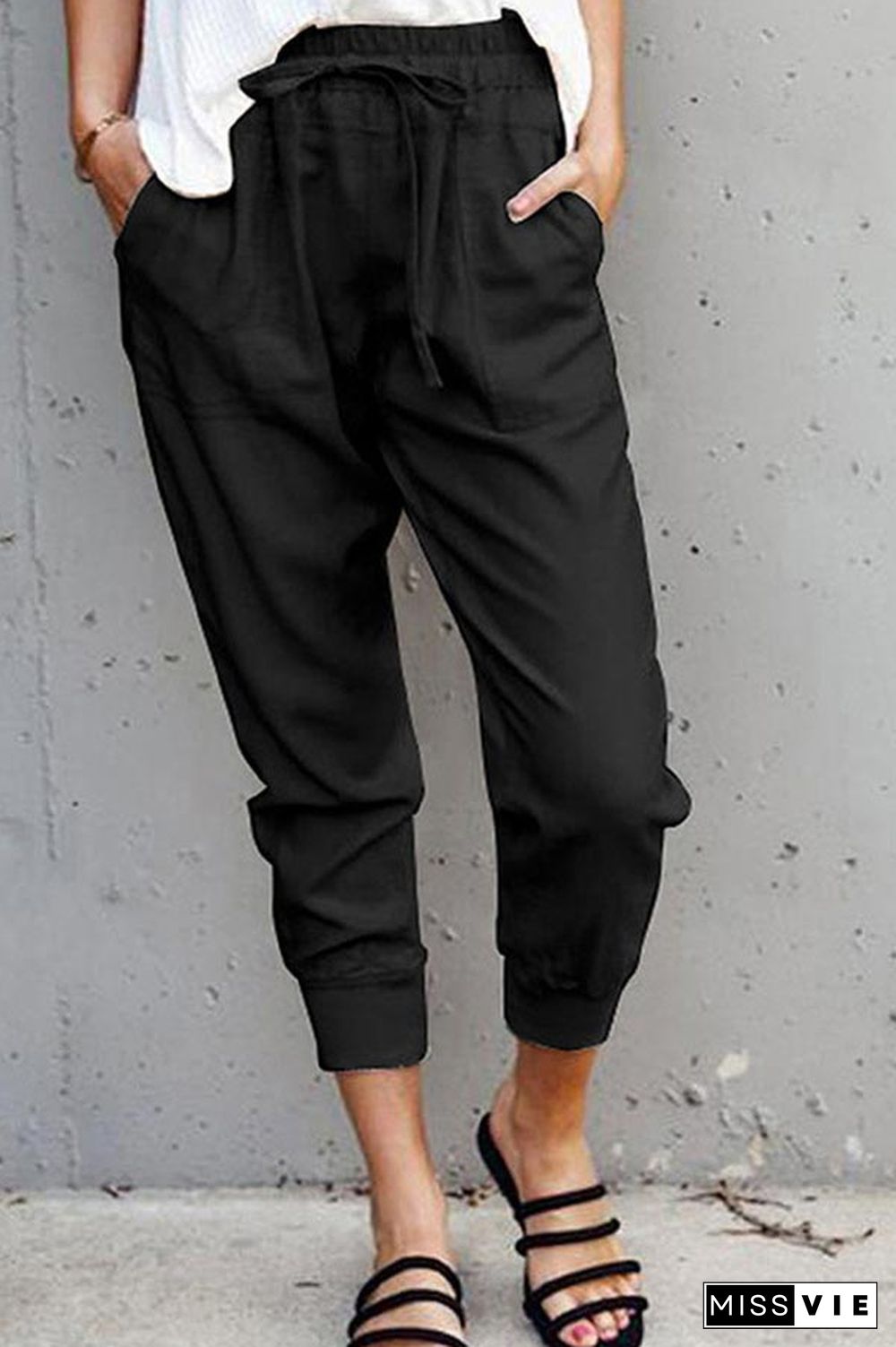 Casual Solid Lace-up Slim Cropped Trousers