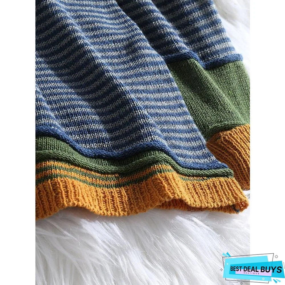 Stripe Button Long Sleeve Contrast Color Sweater