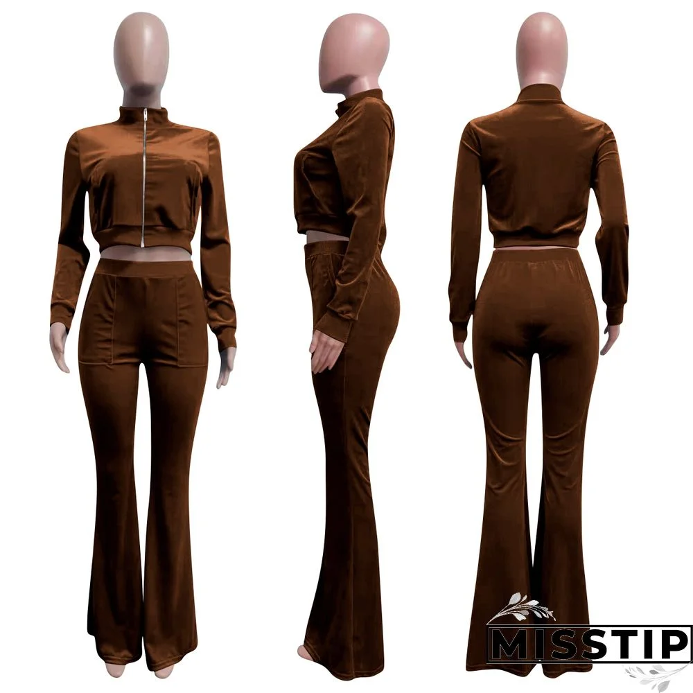 Velvet Solid Zip Jacket Crop Top Flared Pants Set