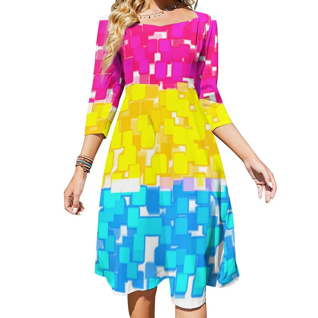 Pansexual Pride Flag Dress Sweetheart Tie Back Flared 3/4 Sleeve Midi Dresses