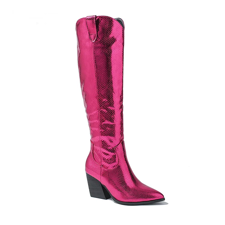 PU Leather Pointed Toe Chunky Heel Long Boots-Rose Red