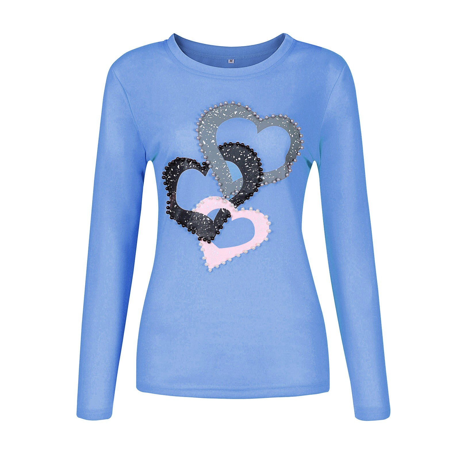 40#Women T-Shirts Heart Print Nail The Beads O-neck Long Sleeves Loose Tops Spring Harajuku Elegant Tshirts mujer camisetas