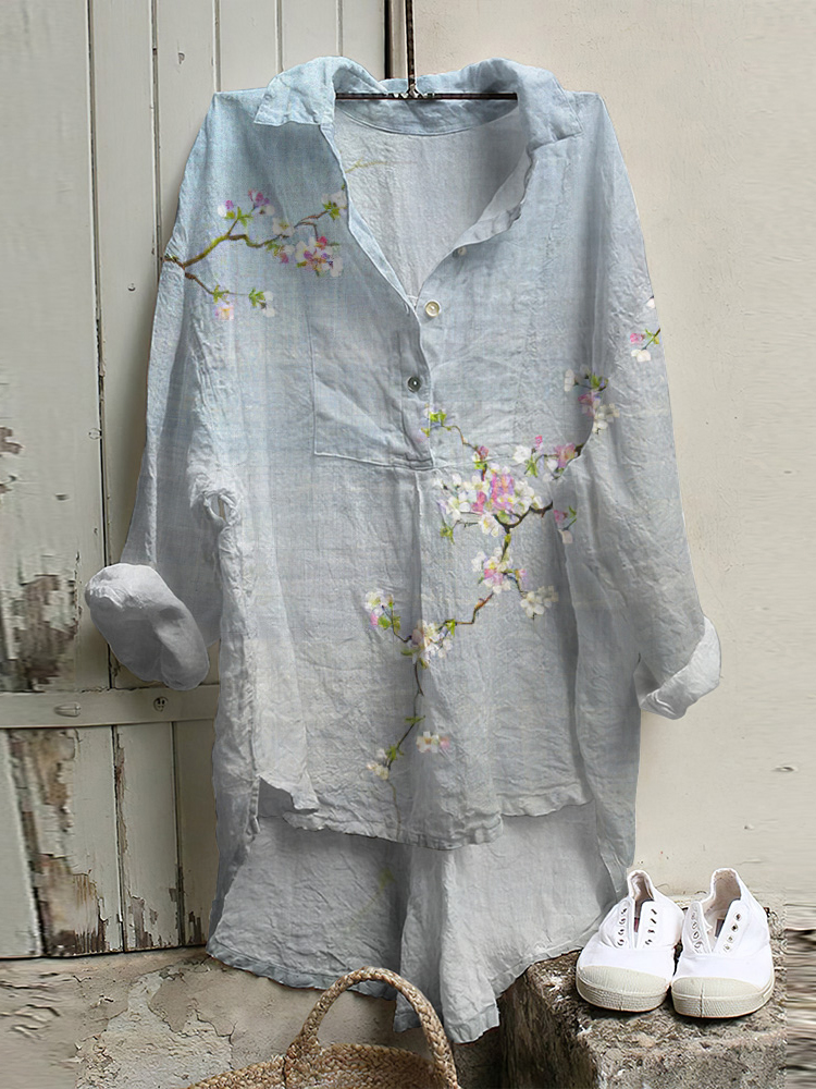 Comstylish Japanese Flower Art Print Long Sleeve Casual Shirt