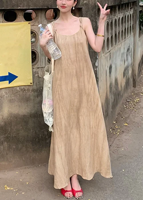 Khaki Wear On Both Sides Linen Long Dresses Wrinkled Summer
