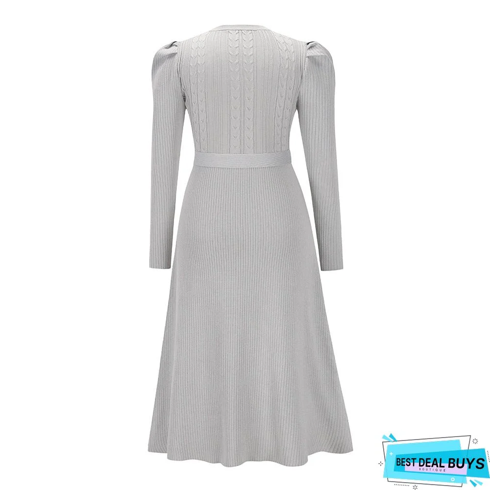 Bubble Long Sleeve Knitted Skirt Medium Long Wool Dress Black Dresses