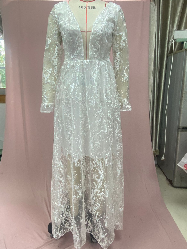 Vollexa Sexy Deep V-neck Backless Lace Long Sleeves Dress White