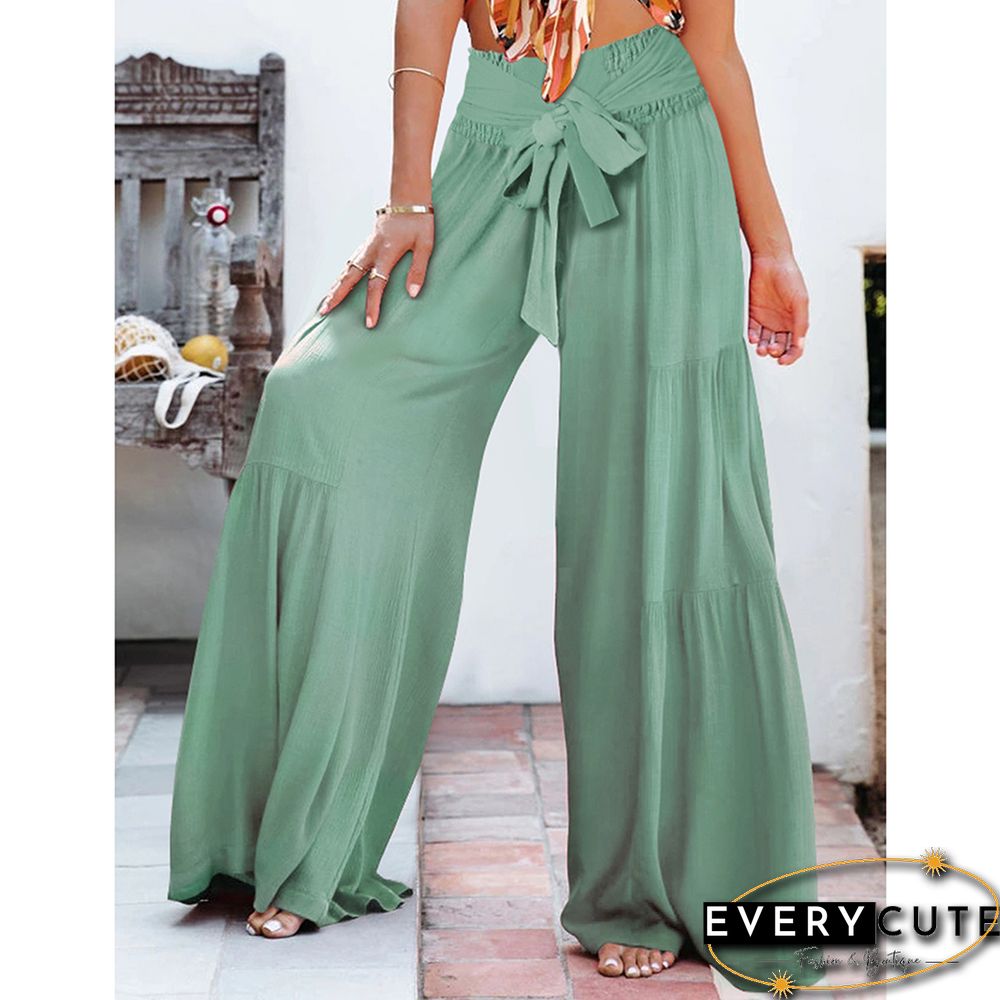 Green Smocked High Waist Palazzo Pants with Tie