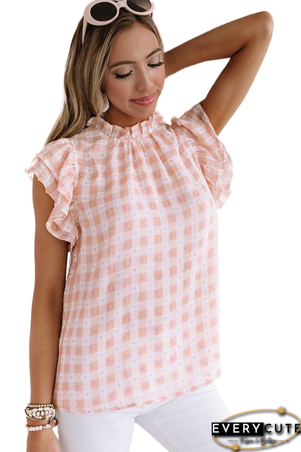 Pink Plaid Ruffled Short Sleeves Tee