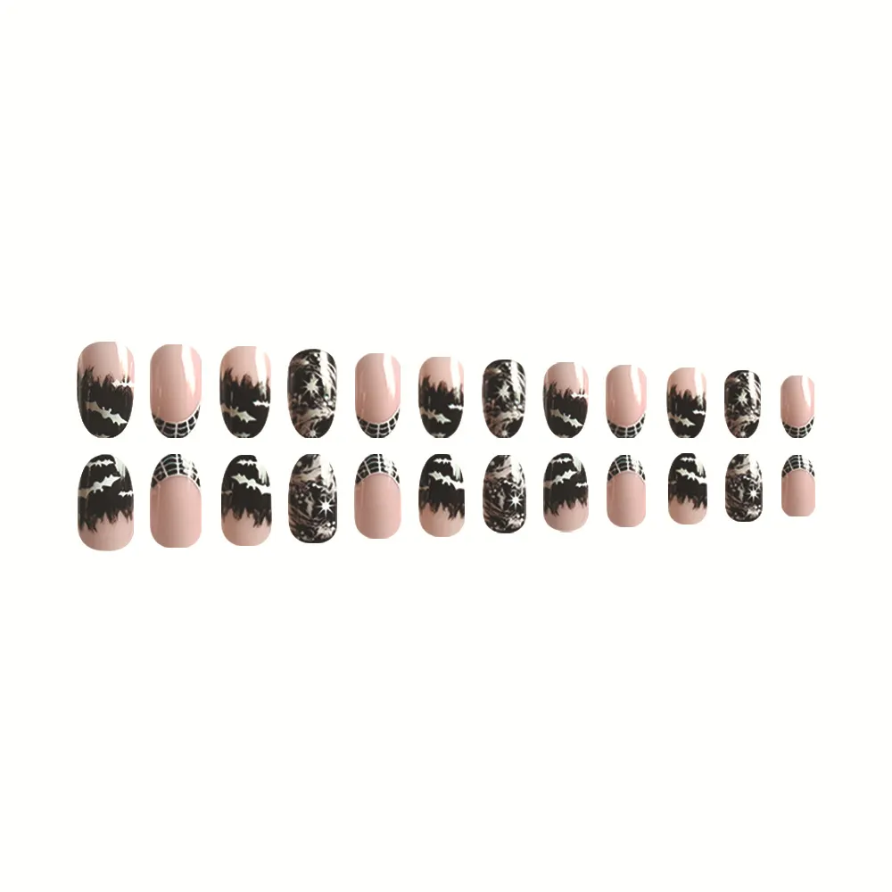Churchf Churchf Short Round Nail French Cow Pattern Bat Halloween Element Fake Nail Finished Wear Nail Holiday Nail