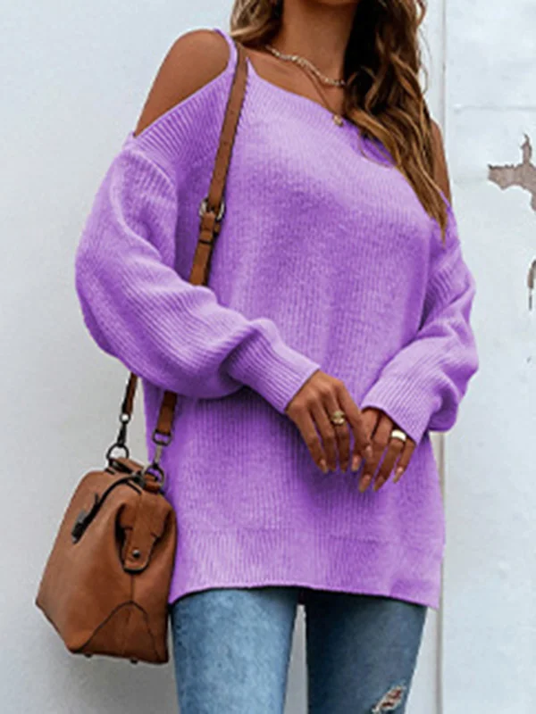 Long Sleeves Split-Side Solid Color Off-The-Shoulder Sweater Tops