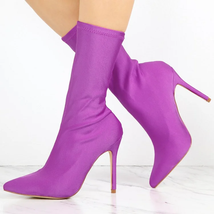 Purple Lycra Sock Boots Pointy Toe Stiletto Heel Mid Calf Boots |FSJ Shoes