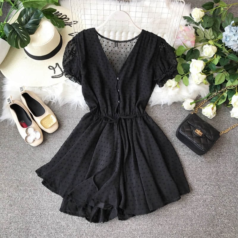 NiceMix Women Polka Dot Chiffon Overalls Sashes Korean Short Sleeve V Neck Beach Rompers Loose Casual Summer Wide Leg Playsuits