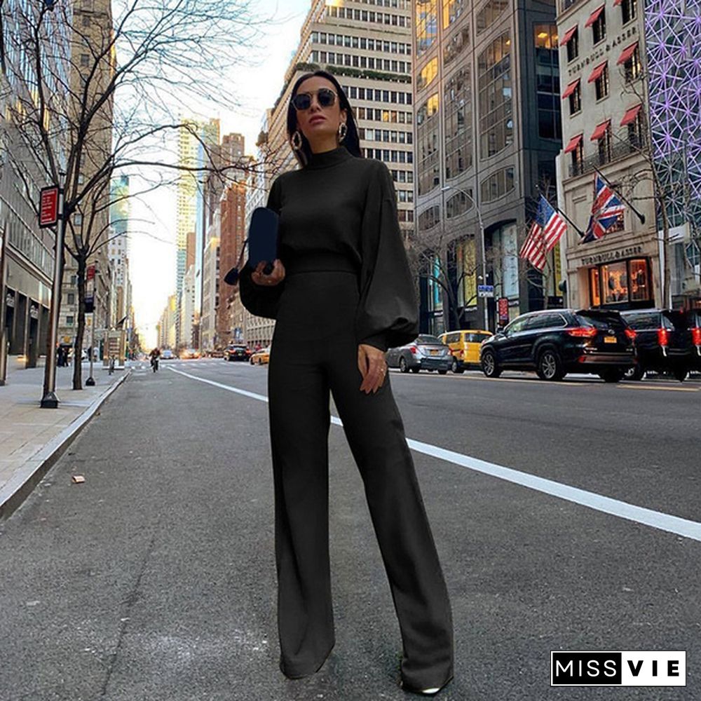 Women Fashion Puff Long Sleeve High Waist Solid Color Jumpsuits