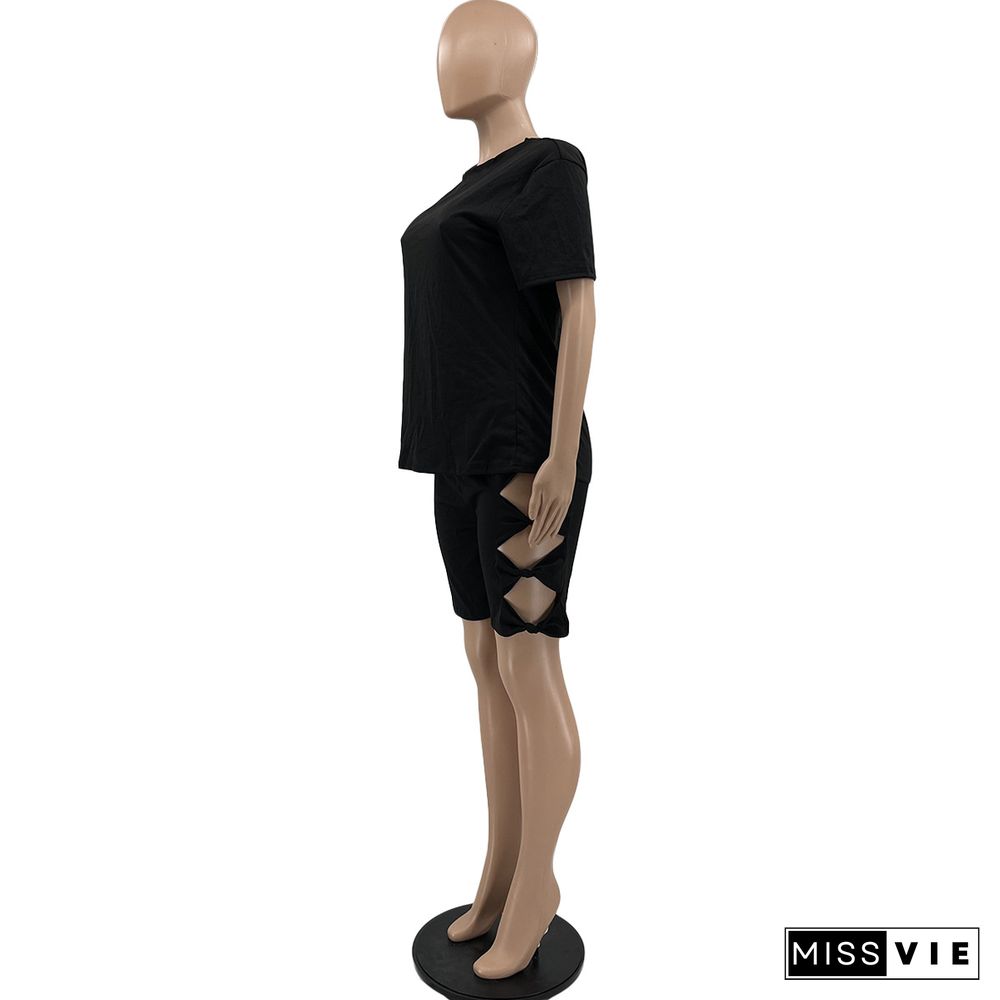 Fashing Solid Women Clothing Round Neck Short Sleeve T Shirt Bodycon Hole Biker Shorts Two Piece Outfit