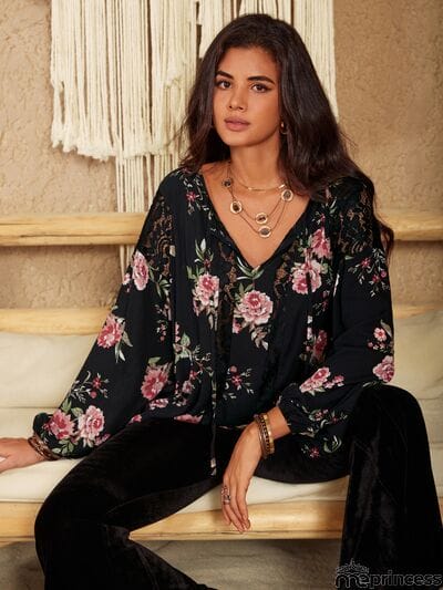 Flower Printed Tie Neck Long Sleeve Blouse