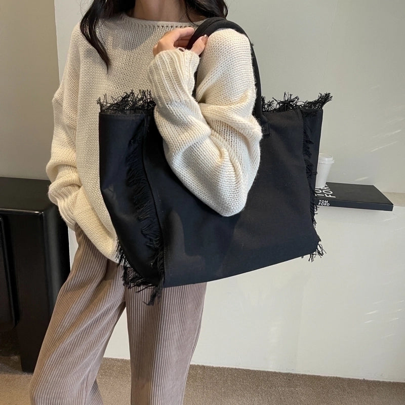 Women’s Canvas Solid Color Basic Streetwear Sewing Thread Square Open Shoulder Bag Square Bag Underarm Bag