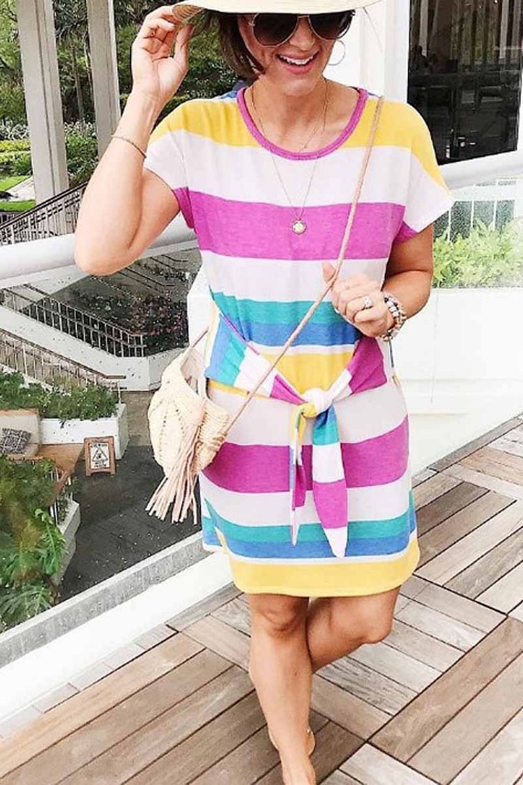 Rainbow Striped Knot Design Mide Dress