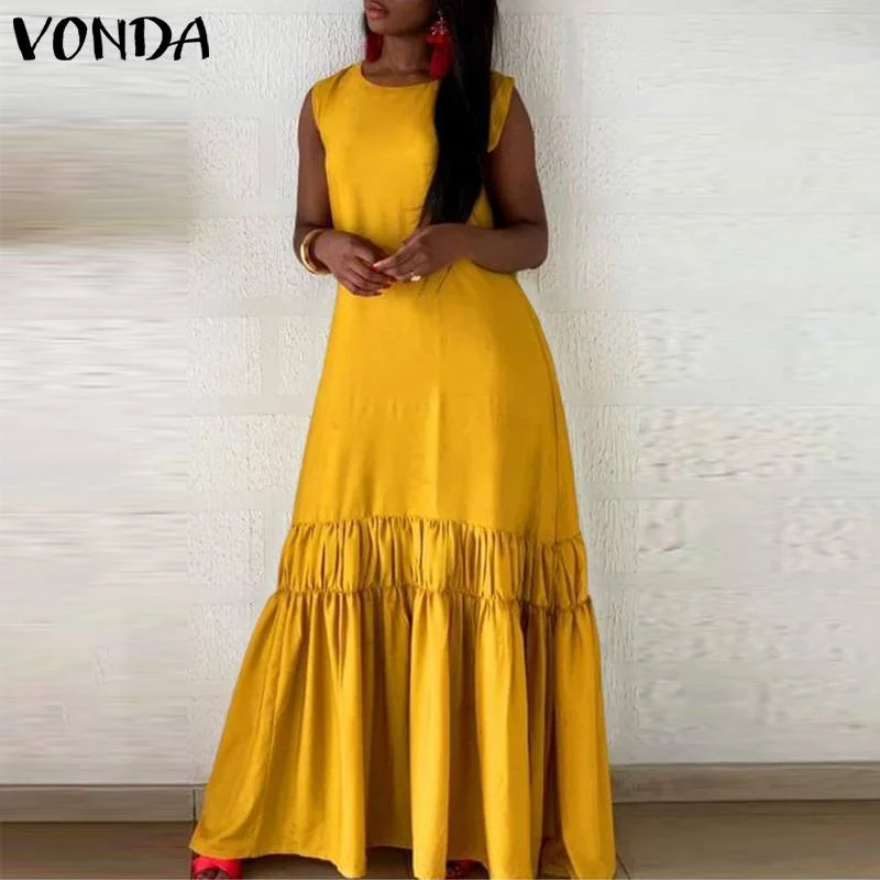 Summer Tank Dress 2022 VONDA Casual Solid Sexy Sleeveless Long Maxi Dresses  Bohemian Vestidos Femme Sundress