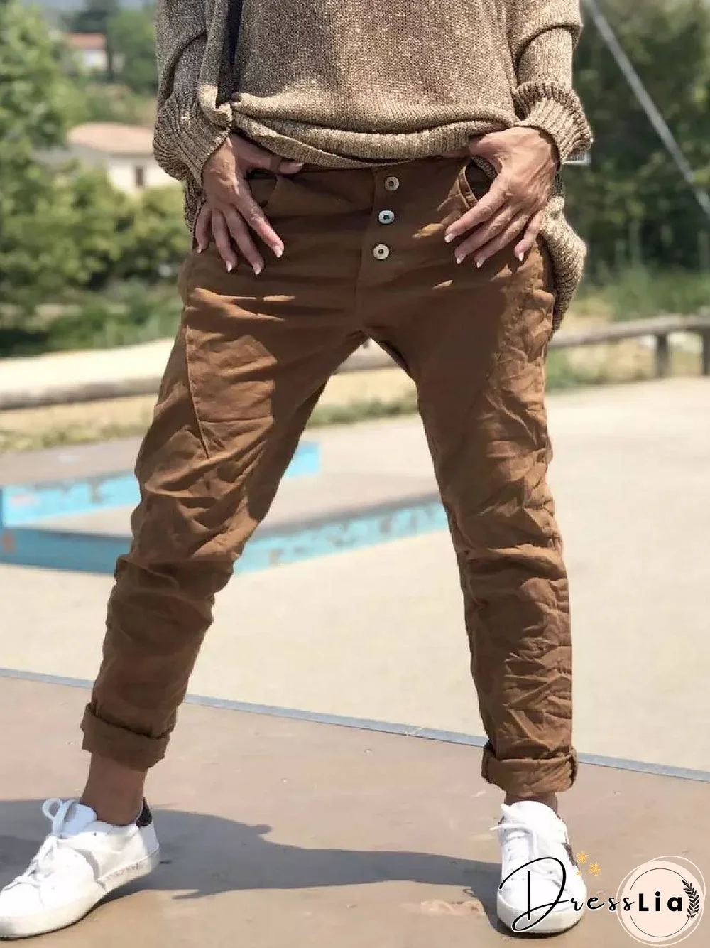 Solid Casual Cotton-Blend Pants