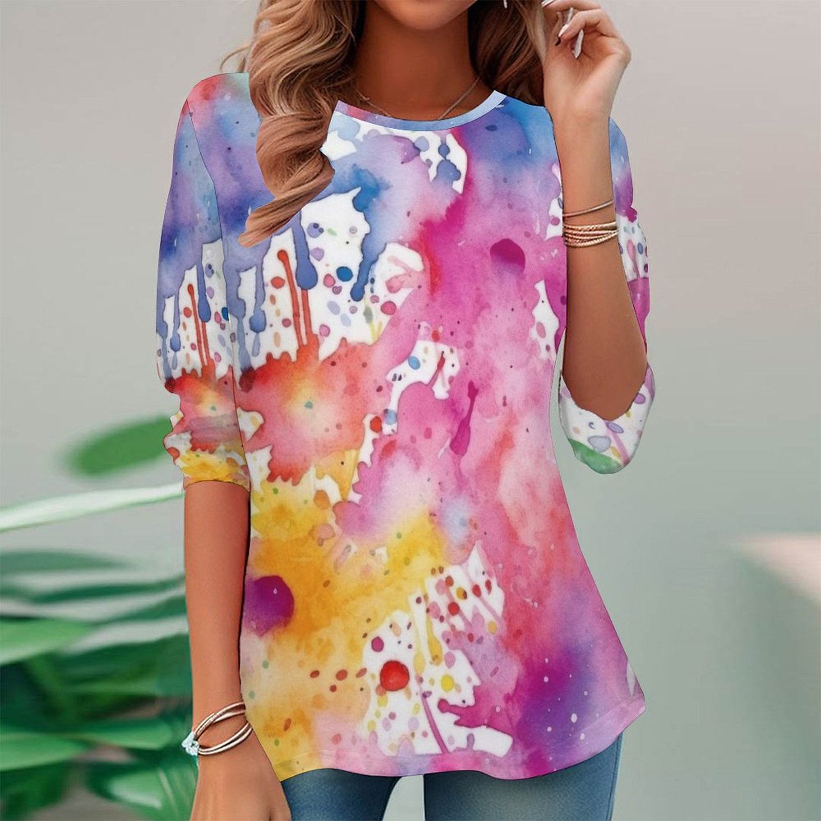 Women Long Sleeve V-neck Graphic Floral Printed Top