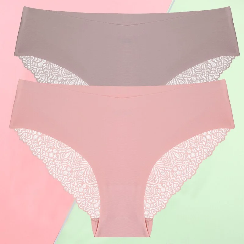 FINETOO 2PCS/Set S-XL Sexy Women Seamless Lace Pantys 6 Solid Colors Breathable Panties Lace Underwear For Girls Thong Lingerie