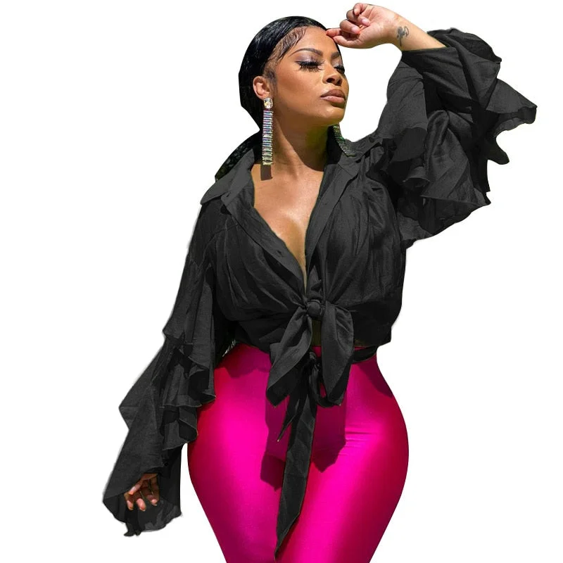 CM.YAYA Elegant Women Tie Up Ruffles Flare Long Sleeve Single Breasted Turn-down Neck Shirt 2022 Chic Streetwear Green Blouse