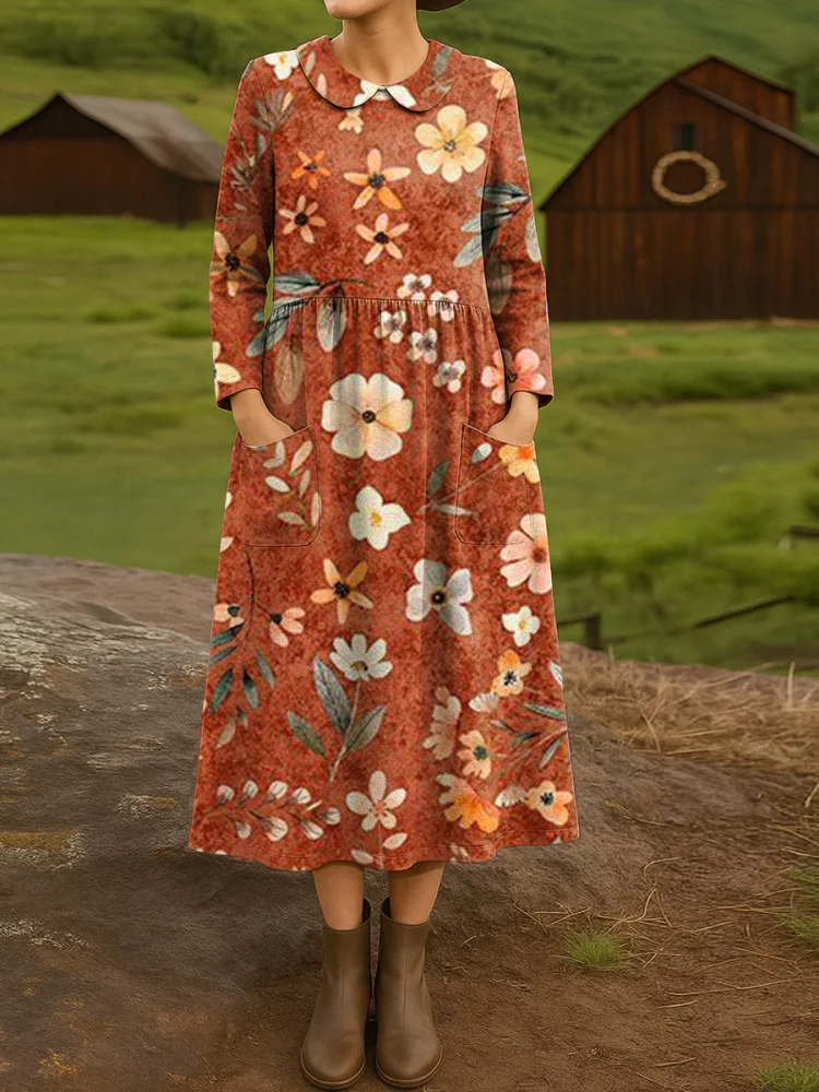 Women's Beautiful Vintage Floral Art Print Cotton Lapel Button-Down Shirt Dress